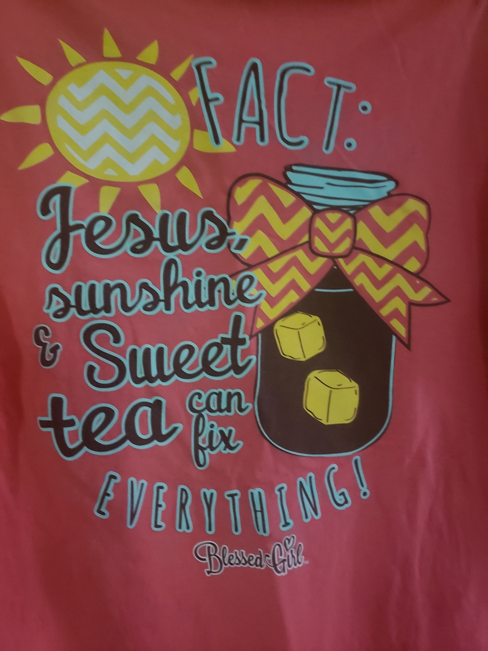 Gildan Coral Short Sleeve Tee with Yellow Sun & Mason Jar Graphic